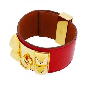 Hermes Collier de Chien Bangle, GP Plated Leather, Gold, Red, Brown, Women's